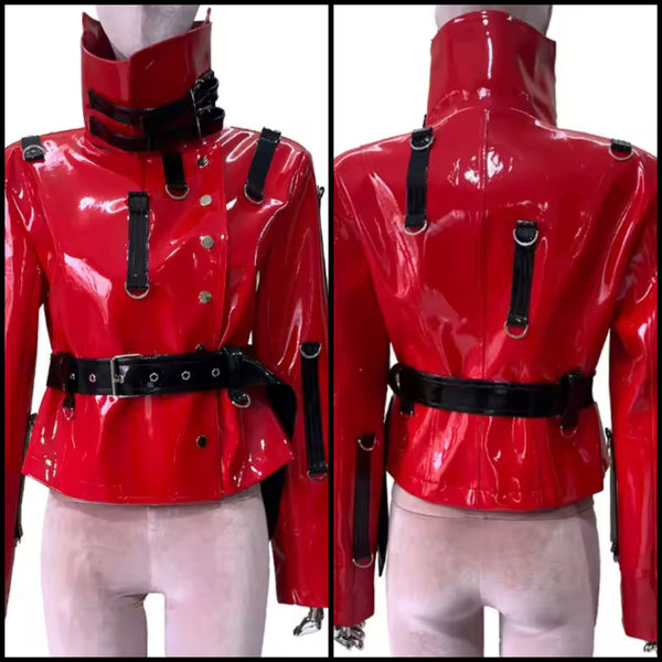 Women Fashion Red PU Leather Buckled Short Jacket