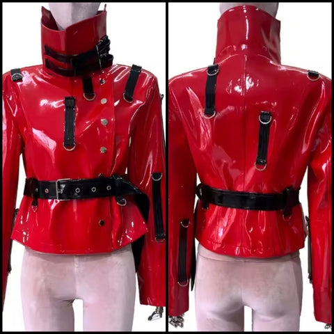 Women Fashion Red PU Leather Buckled Short Jacket