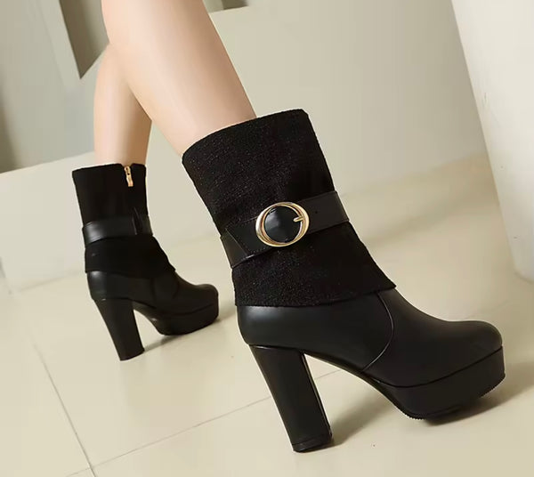 Women Color Round Toe Buckled Fashion High Heel Ankle Boots