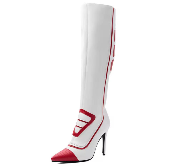 Women Fashion White/Red Pointed Toe Knee High Boots
