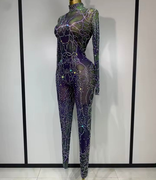 Women Sexy Mesh Rhinestone Full Sleeve Jumpsuit