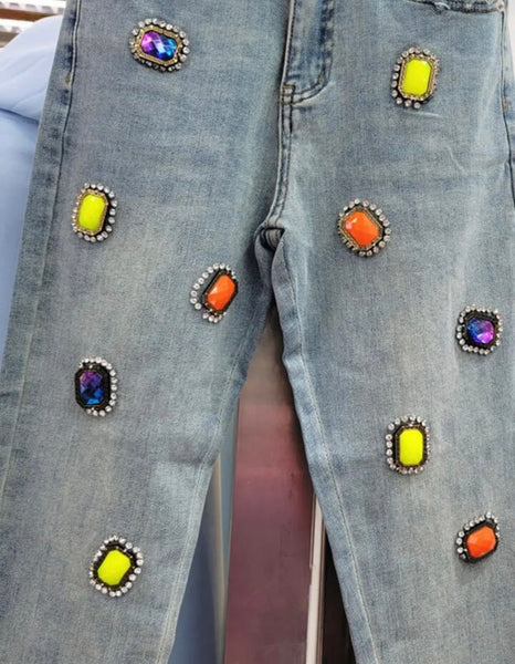 Women Fashion Colorful Gem Denim Pants