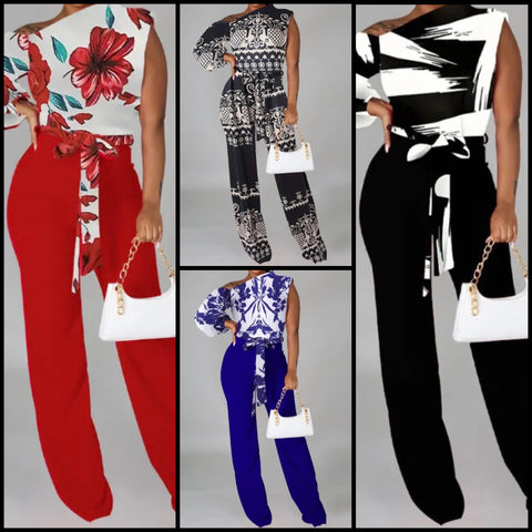 Women Printed One Shoulder Fashion Tie Up Jumpsuit