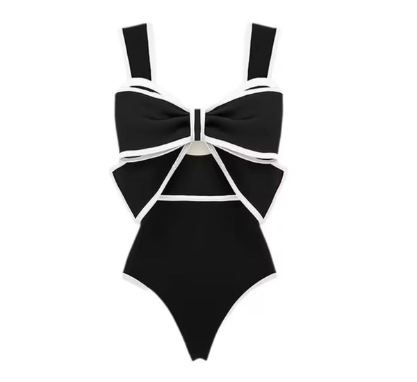 Women Fashion Bow Color Patchwork Polka Dot Swimsuit Cover Up Set