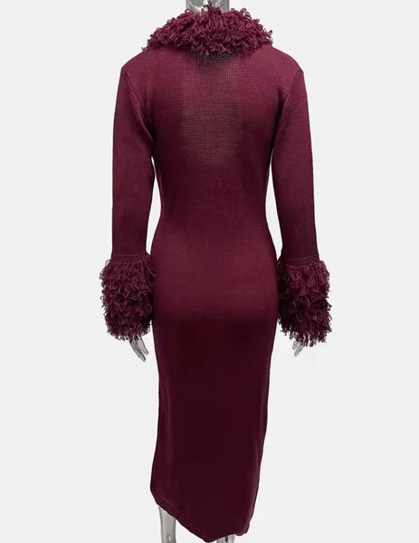 Women Sexy Burgundy Knitted Fringe Full Sleeve Maxi Dress