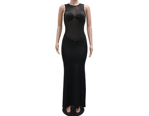 Women Sexy Sleeveless Mesh Patchwork Black Maxi Dress