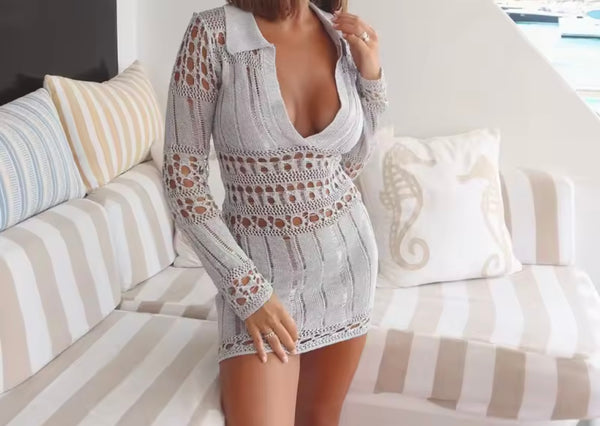 Women Gray Collar V-Neck Full Sleeve Knitted Dress