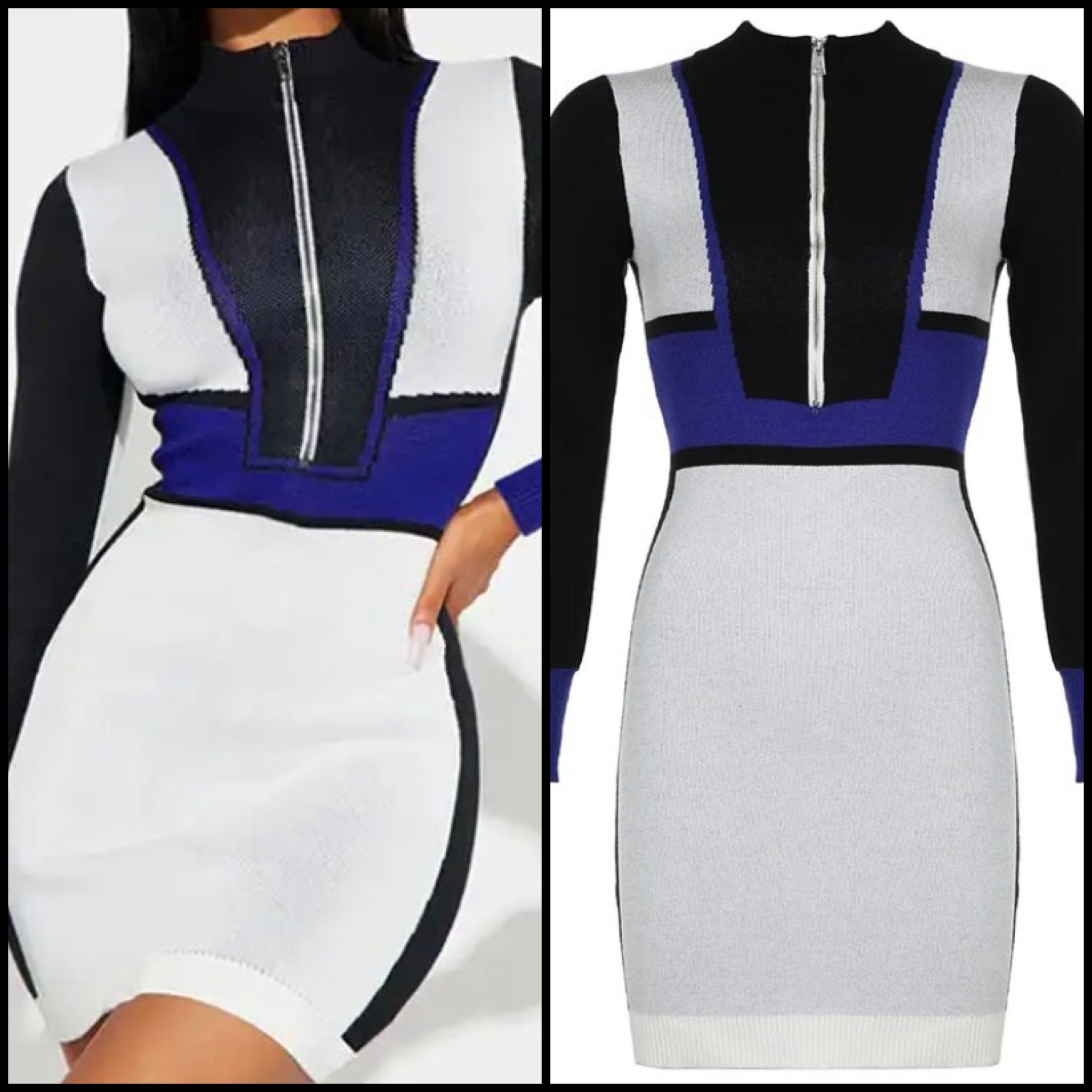 Women Sexy Fashion Full Sleeve Front Zipper Color Patchwork Dress