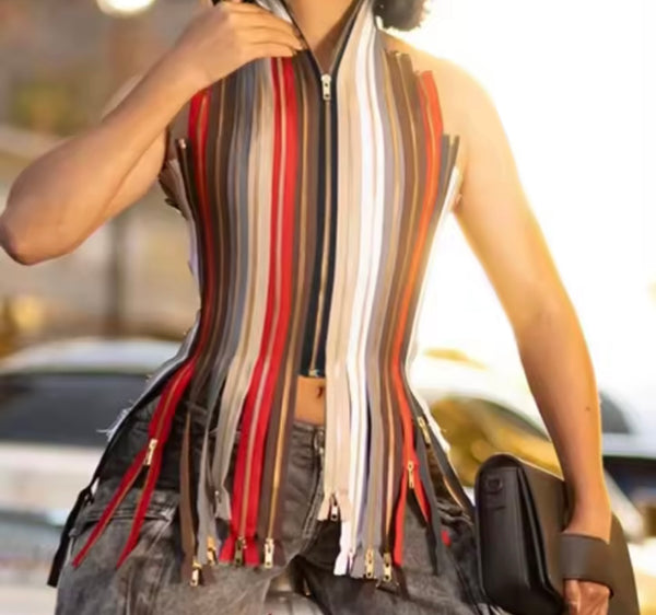 Women Fashion Multicolored Zipper Sleeveless Open Back Top