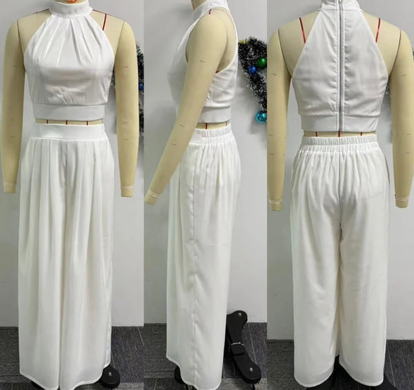 Women Solid Color Sleeveless Crop Two Piece Wide Leg Pant Set