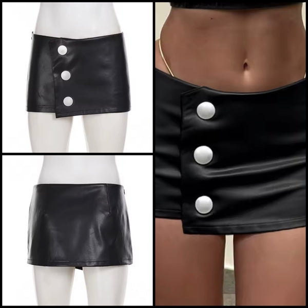 Women Black Silver Button Faux Leather Fashion Skirt