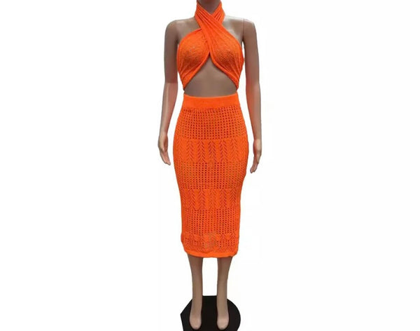 Women Orange Knitted Strapless Sexy Two Piece Skirt Set