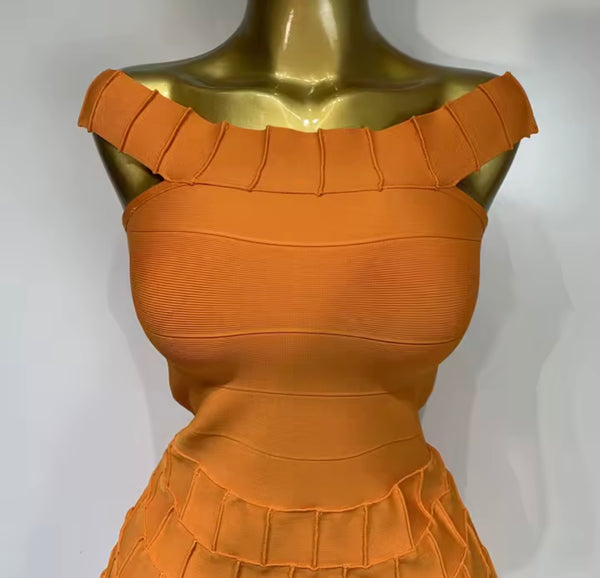 Women Sexy Orange Ruffled Off The Shoulder Sleeveless Dress