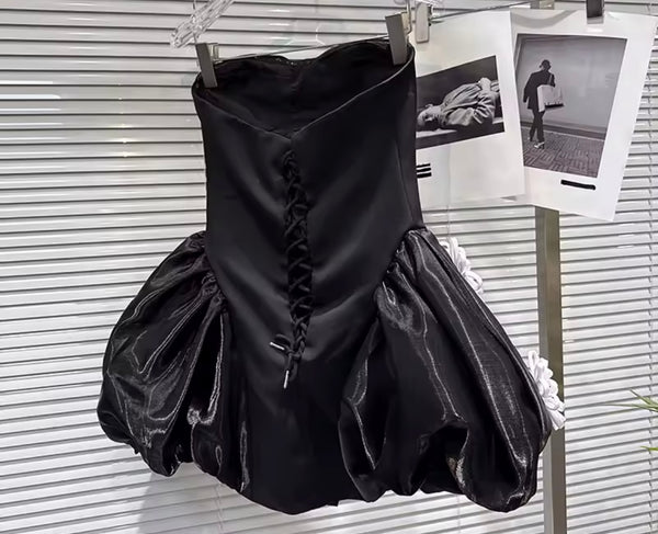 Women Strapless Sexy Black Bling 3D Floral Corset Dress