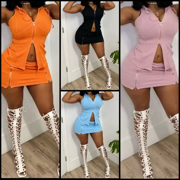 Women Sexy Zip Up Sleeveless Hooded Two Piece Skirt Set