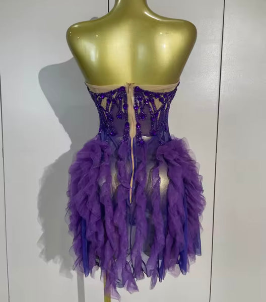 Women Sexy Strapless Purple Ruffle Rhinestone Mesh Dress