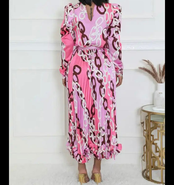 Women Sexy Printed Full Sleeve Maxi Pleated Dress
