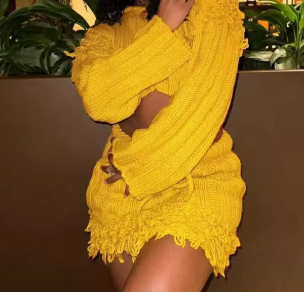 Women Yellow Knitted Fringe Full Sleeve Fashion Two Piece Skirt Set