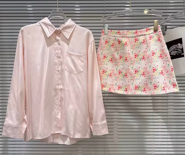 Women Pink Button Up Full Sleeve Two Piece Floral Skirt Set