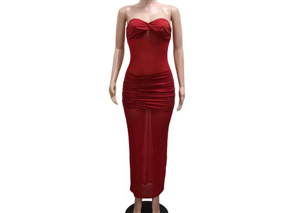 Women Sexy Strapless Sparkly Mesh Maxi Dress