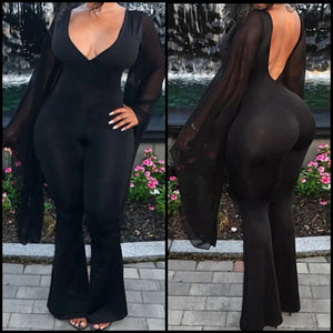 Women Black Sexy Mesh Sleeve Open Back Jumpsuit