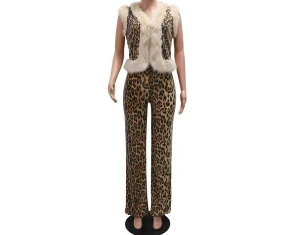 Women Fashion Leopard Faux Fur Sleeveless Sequins Two Piece Pant Set