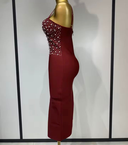 Women Sexy Sleeveless Beaded Pearl Bandage Dress