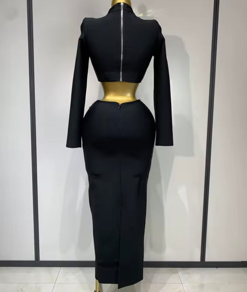 Women Beaded Bling Full Sleeve Sexy Two Piece Maxi Skirt Set