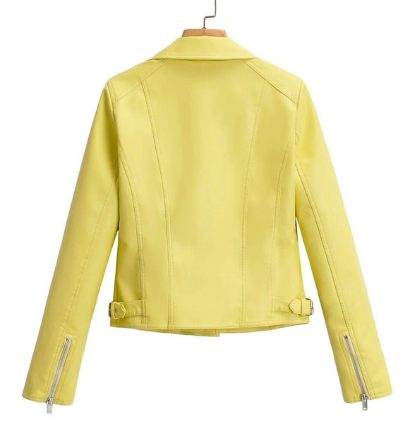 Women Fashion Zipper Color Faux Leather Jacket