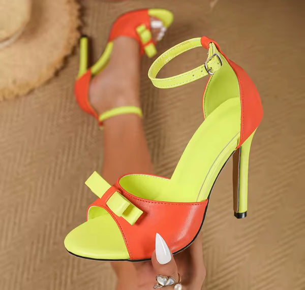 Women Bow Open Toe Color Patchwork Ankle Strap High Heels