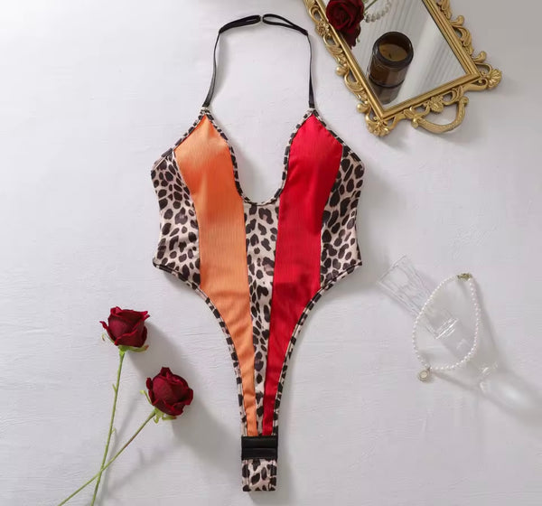 Women Sexy Color Patchwork Leopard Thong Bodysuit Lingerie