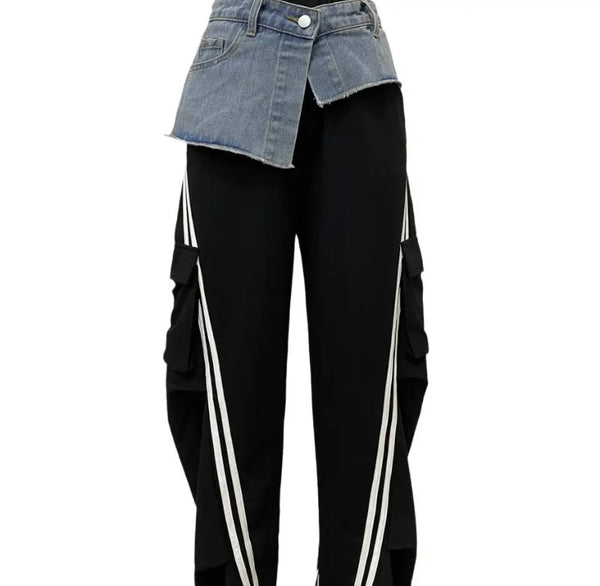 Women Fashion Denim Patchwork Striped Sweatpants