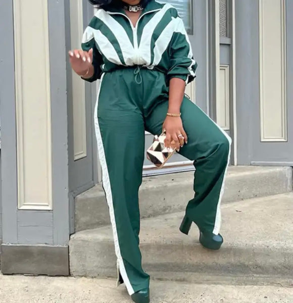 Women Fashion Striped Zip Up Tracksuit Two Piece Pant Set