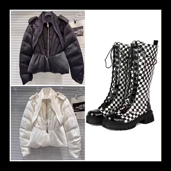 Women Fashion B&W Faux/Patent Leather Lace Up Flat Boots