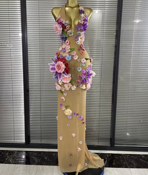 Women Sexy Halter Sleeveless Floral Mesh Maxi Dress