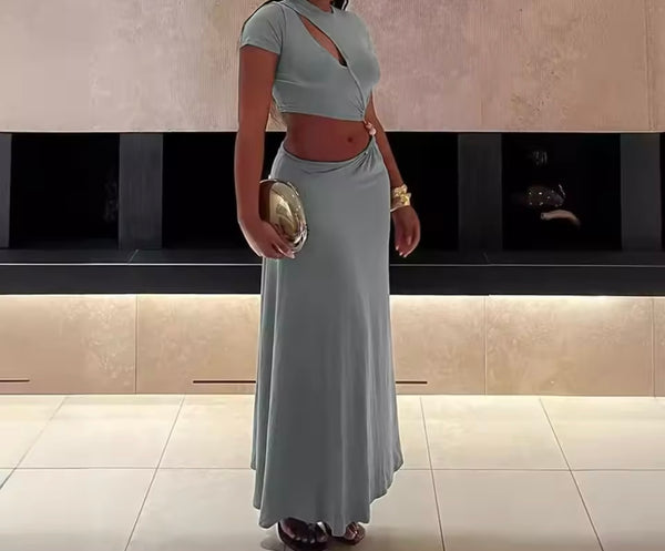 Women Sexy Gray Short Sleeve Cut Out Maxi Dress