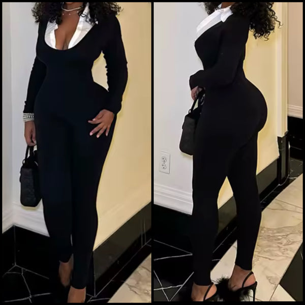 Women B&W Collar Full Sleeve Fashion Jumpsuit