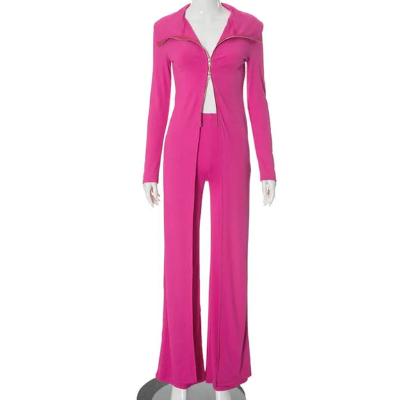 Women Sexy Pink Full Sleeve Zip Up Asymmetrical Two Piece Pant Set