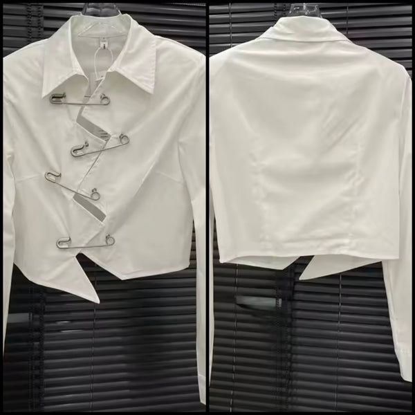 Women White Fashion Safety Pin Full Sleeve Top