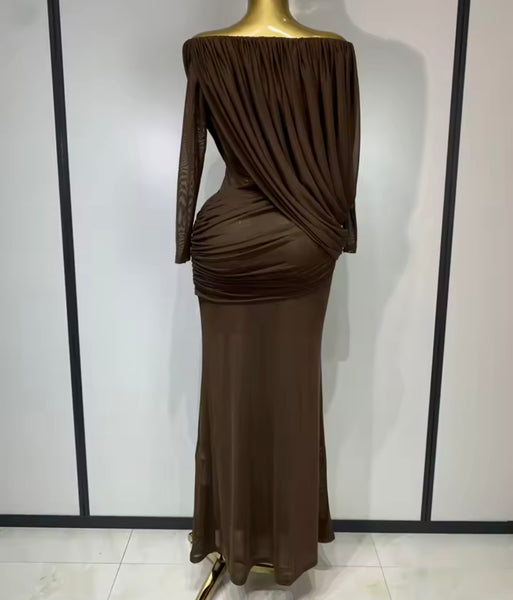 Women Off The Shoulder Ruched Full Sleeve Sexy Maxi Dress