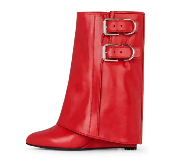 Women Fashion Faux Leather Buckled Wedge Ankle Boots