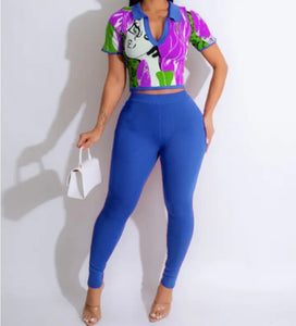 Women Fashion Printed Short Sleeve Crop Two Piece Pant Set