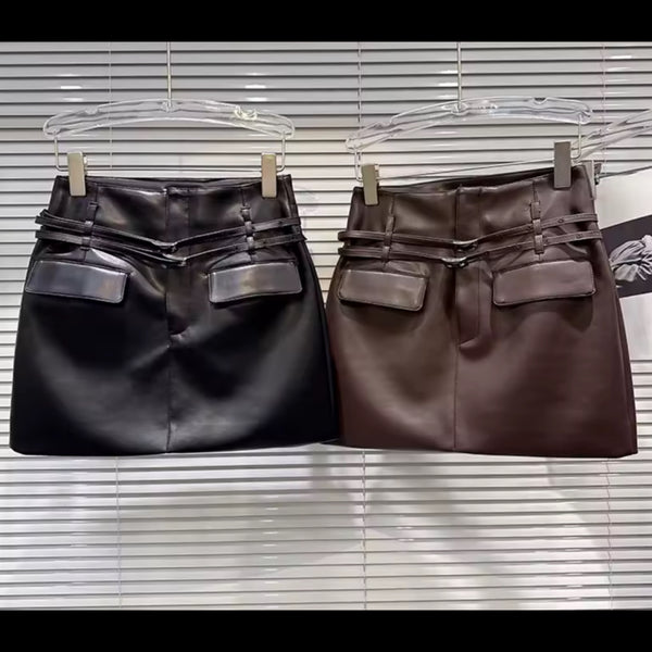 Women Pocket Double Belted Faux Leather Skirt
