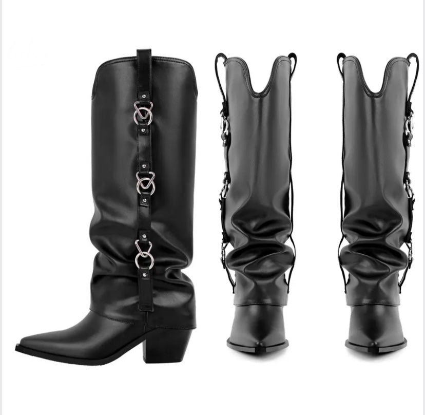 Women Black Faux Leather Metal Ring Fashion Western Boots