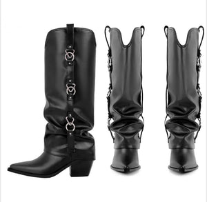 Women Black Faux Leather Metal Ring Fashion Western Boots