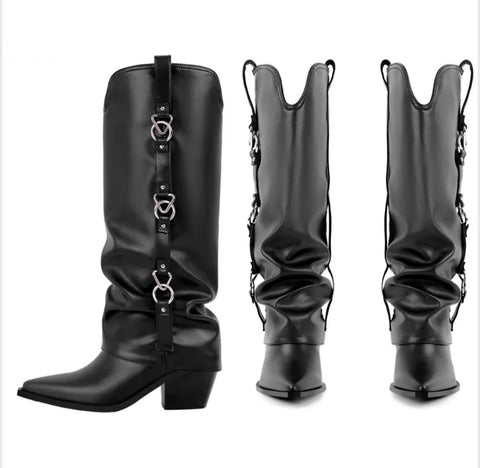 Women Black Faux Leather Metal Ring Fashion Western Boots