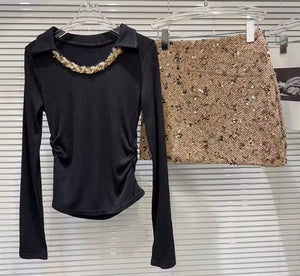 Women Sexy Full Sleeve Two Piece Sequins Skirt Set