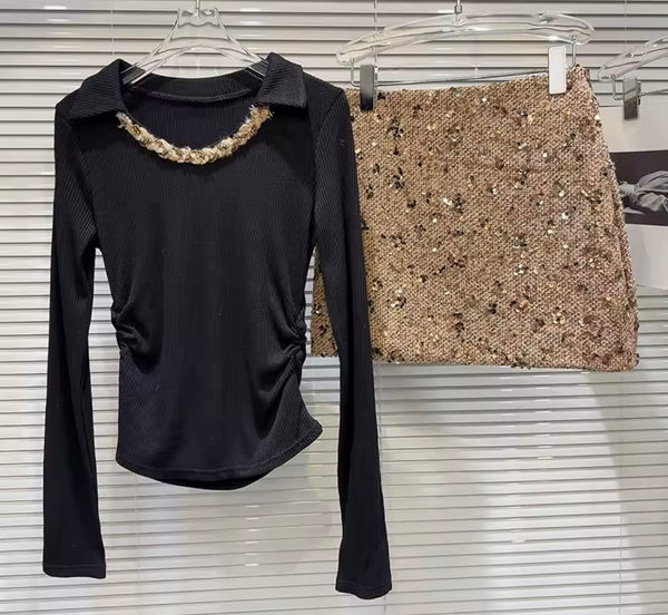 Women Sexy Full Sleeve Two Piece Sequins Skirt Set