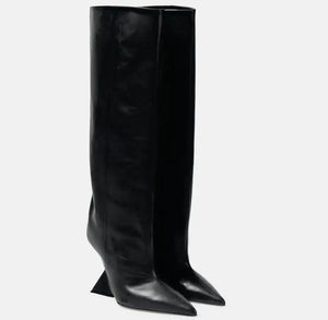 Women Pointed Toe Platform Fashion Faux Leather Knee High Boots