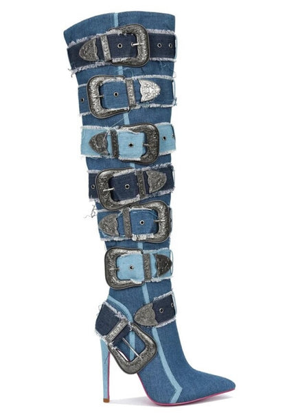 Women Fashion Color Patchwork Buckled Denim Knee High Boots